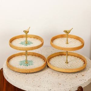 Plateau en rotin à Snack à Double couche de Style Unique de luxe avec incrustation de nacre plateau de service rond à 2 niveaux - Product Image 3