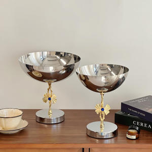 Luxury Silver Pedestal Serving Bowl Gold Ginkgo Leaf Blue <b>Crystal</b> Stem Elegant Metal Footed Compote Chalice Home Decor - Product Image 2
