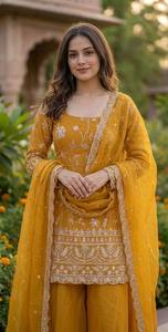 Conjunto Kurti y Palazzo de Organza Amarillo Mostaza con Bordado Floral y Trabajo de Calado Daman, Dupatta de Organza Prayosha Enterprise - Product Image 2