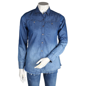 Camisa Vaquera de Manga Larga Azul Lavado para Mujer, de Alta Calidad, con Botones Delanteros y Dobladillo sin Rematar, Estilo Western Casual, Novedad 2026 - Product Image 3