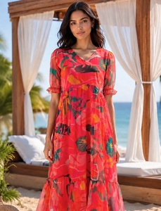 Kurti décontracté indien à imprimé floral, longueur ras du sol, coupe ample, robe d'été de plage, en polyester extensible, style Inde Pakistan - Product Image 1
