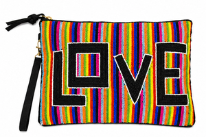 Rainbow Beaded LOVE <b>Clutch</b> Wristlet – Handmade Colorful Statement Pouch- Multicolor Striped Beaded <b>Clutch</b> with LOVE Design - Product Image 2