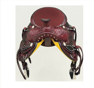 Silla de montar western de cuero para caballo con adornos florales y herrajes de cuero, estructura de fibra de vidrio, tallas de 15-17 pulgadas, para equitación de larga duración - Product Image 3