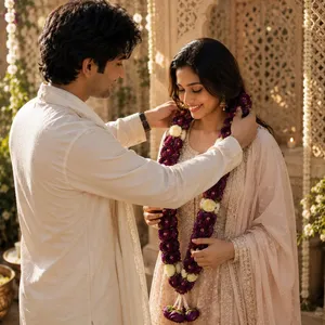 Guirlande florale de mariage en ivoire violet avec accents de perles et d'or, Varmala indienne pour la cérémonie des mariés, Mala de fleurs artificielles - Product Image 4