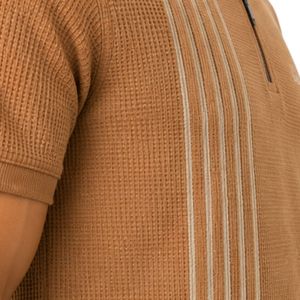 Men Customized Camel Brown <b>Waffle</b> Knit Quarter Zip Polo <b>Shirt</b> with Vertical Stripe Design Breathable Casual Golf Tennis Polo Top - Product Image 6