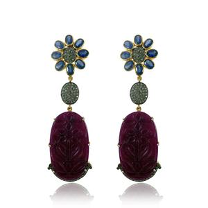 Boucles d'oreilles sculptées en saphir bleu marine et Rose, boucle en pierres précieuses, bijoux fait à la main, multi-pierres précieuses, pour les soirées - Product Image 1