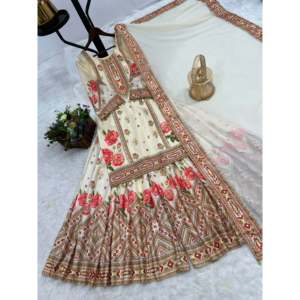 Vêtements et accessoires musulmans traditionnels : Ensemble Sharara et Dupatta imprimé numérique avec dentelle Latkan, beige, taille L, 950g, fabriqué à Hong Kong - Product Image 4