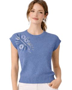 Gilet d'été décontracté et élégant pour femme, en maille bleue personnalisée, sans manches, brodé de fleurs, col rond, doux et léger - Product Image 1