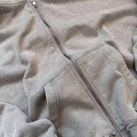 Sweat-shirt à capuche zippé à motif à pois gris, coupe classique, unisexe, décontracté, en coton tricoté, pour l'automne, avec strass