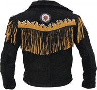 Veste Western Homme en Daim Noir, Manteau de Cowboy Bicolore en Cuir à Franges, Ornée de Conchos Perlés, Style Rodeo Ranch Country, Vêtement Personnalisé en Gros