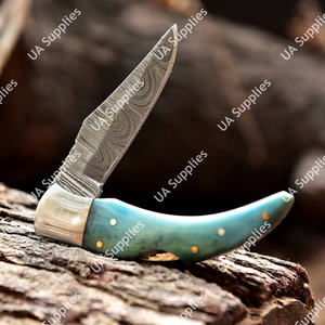 มีดพับเหล็กดามัสกัสทำมือ ด้ามไม้ปักก้า ใบมีดทรงดรอปพอยต์ พร้อมคลิปหนีบหลังและปลอกหนัง-OEM/ODM - Product Image 2