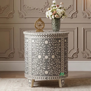 Mesa de Noche Redonda Gris con Incrustaciones de Hueso, Mesa de Noche Redonda Gris con Incrustaciones de Hueso, Mesa de Noche de Madera Hecha a Mano de Estilo Tradicional para Dormitorio - Product Image 1