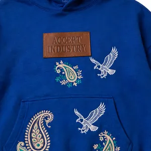 Sweat à capuche bleu pour homme Accept Industry avec broderie cachemire et faucon, coupe oversize en molleton de coton, style décontracté pour l'automne - Product Image 6