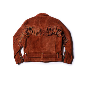 Blouson d'hiver slim fit en daim de vachette 100% pleine fleur, teint uni, écologique, style motard western avec franges en cuir - Product Image 4