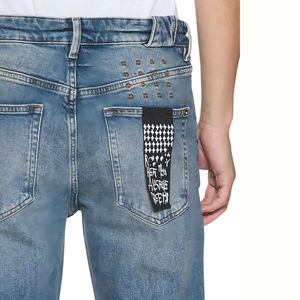 Jeans de punto de cintura alta y pierna recta, 100% algodón transpirable, al por mayor, para hombre, personalizados, lavado azul claro, estilo urbano Hip Hop - Product Image 2