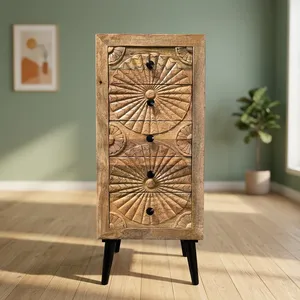 Commode à 5 tiroirs en bois massif sculptée à la main, style floral, table de chevet, armoire de rangement haute, pour chambre à coucher et salon, style ferme - Product Image 4