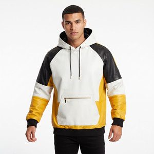 Sudadera con capucha de cuero genuino para hombre, holgada, con bolsillo frontal, de manga larga - Product Image 1