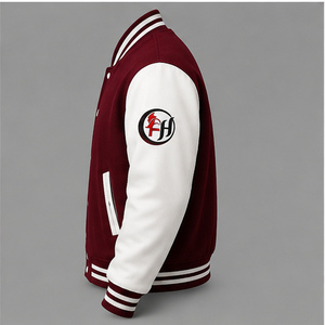 Fly Humble Sportswear Varsity <b>Jacket</b> <b>Men's</b> Maroon <b>White</b> Cotton Polyester Casual Zipper Back Logo Patch Design Winter Waterproof - Product Image 2