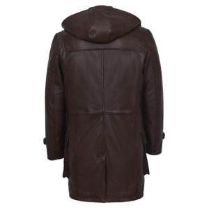 Custom 100% Genuine Lambskin Napa Leather <b>Men's</b> <b>Duffle</b> <b>Coat</b> Brown Hooded Toggle Trench Jacket Winter Overcoat Wholesale Supplier - Product Image 3