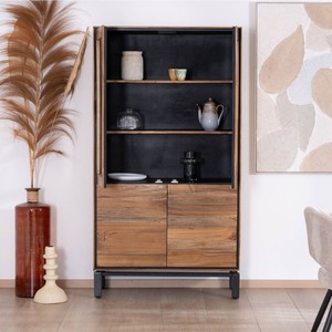 Buffet à façade vitrée style Vandana Autumn Tone, modèle Olonie en teck naturel, acacia et métal noir - Product Image 2