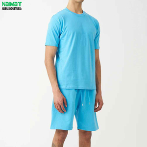 Ensemble T-shirt et short pour homme en coton bleu uni, col rond, décontracté, pour l'été, 2 pièces, tissu respirant tricoté - Product Image 2