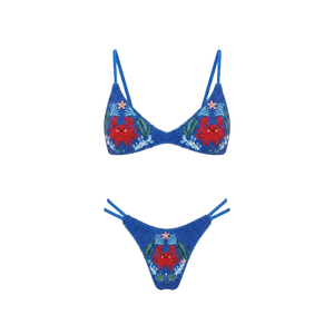 Conjunto de Bikini Azul con Cuentas y Patrón de Cangrejo, Traje de Baño de Dos Piezas Tejido, Diseño con Tirantes en V, Bordado a Mano, Estilo de Dibujos Animados - Product Image 1