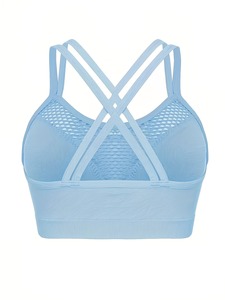 Sleek Hollow Out Athletic <b>Crop</b> <b>Top</b> Non Wired Comfort Gym Brassiere Double Crisscross Strap Back Stretch Training Wear - Product Image 3