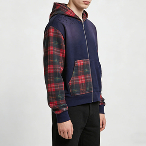 Sweat-shirt à capuche zippé pour homme, en patchwork à carreaux bleu marine, coupe classique, veste en polaire décontractée, style automne - Product Image 1