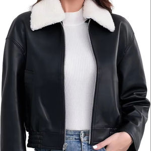 Blouson bomber en cuir PU marron avec col en fausse fourrure, fermeture éclair, unisexe, vêtement d'hiver, style moto, longueur courte - Product Image 3