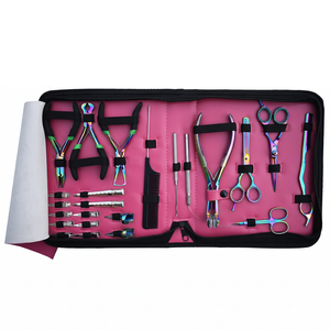 Deluxe Rainbow Hair Extension Tool Kit Pulling Hook Loop Threader Thinning Razor Tailpin <b>Comb</b> 10pcs Clips Pink Case - Product Image 1