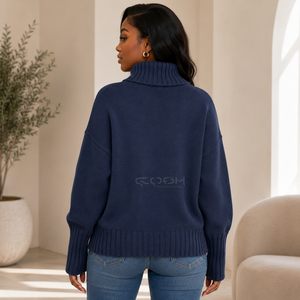 Cosh International Sorority Sisterhood Acrylic <b>Navy</b> Blue Knitted Turtleneck <b>Cardigan</b> Full Sleeve Casual Solid Color Anti-Pilling - Product Image 5