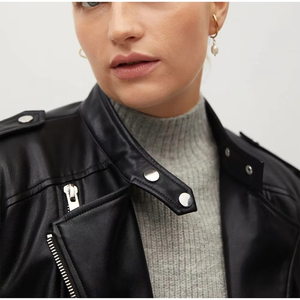 Women's PU Leather Moto Jacket Stand Collar Zipper Closure Full Sleeve Solid Color Regular Fit Autumn Style - Product Image 4