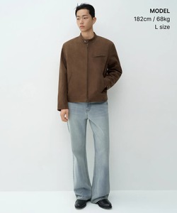 Men's Brown Suede Bomber <b>Jacket</b> Stand Collar Zipper Closure <b>Casual</b> Regular Fit Autumn Wear - Product Image 3