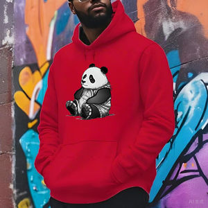 Sudadera con Capucha Roja para Hombre con Estampado de Panda, Bolsillo Delantero, Estilo Casual para Otoño, Transpirable, Corte Regular, 100% Algodón Tejido - Product Image 1