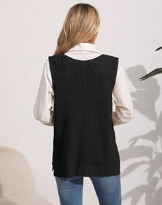 Chaleco de Punto Personalizado Color Vino Tinto para Mujer, Sin Mangas, Largo, con Botones, Cuello en V, Bolsillos Delanteros, Informal, para Invierno, Servicio OEM - Product Image 2