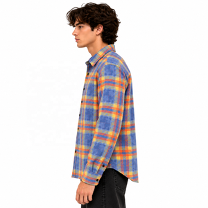 Chemise en flanelle à carreaux bleu et orange pour homme, manches longues, 100% coton, boutonnée, décontractée, pour l'automne - Product Image 4