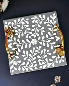 Elegant Handmade Floral Bone Inlay Serving <b>Storage</b> <b>Trays</b> For Wedding Festive Parties Events Trendy Serving Dishes Tabletop Decor - Product Image 2
