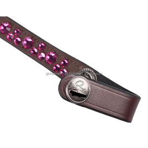 Wave Shape Black Premium Leather Horse brow <b>band</b> with Pink Rhinestones Hotfix crystals bling and <b>Snap</b> Button Loop End - Product Image 6
