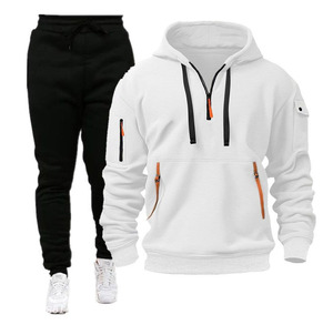 Men's <b>White</b> Hooded Tracksuit Set Full Sleeve Solid Color Hoodie <b>Jogger</b> Pants Side Pocket Breathable Casual Sportswear Autumn - Product Image 5