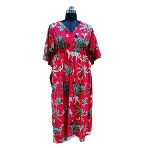 Venta al por mayor rojo indio Kaftan vestido suave cómodo suelto de algodón Maxi vestido túnica ropa de playa bloque de mano estampado encaje natural - Product Image 1