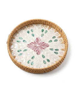 Round Mother Of Pearl Rattan <b>Storage</b> <b>Tray</b> with Fish and leafy Pattern for living room wedding decor etc - Product Image 2