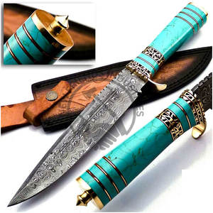 มีดล่าสัตว์เหล็กดามัสกัสแบบกำหนดเองรุ่นใหม่ล่าสุด ขนาด 13 นิ้ว พร้อมด้ามทองเหลือง คมกริบ ใบมีดคงที่ แบบโบวี่ มีดเอาตัวรอด - Product Image 2