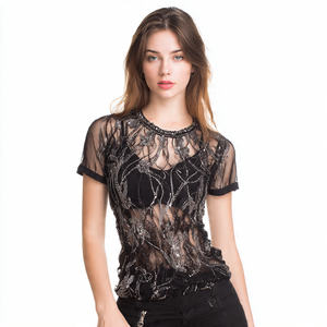 Camiseta de malla transparente con pedrería OEM para mujer, manga corta, cuello redondo, camisetas con pedrería para damas, fiesta nocturna, club, camisetas con pedrería - Product Image 4