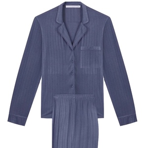 Conjunto de Pijama de Algodón de 2 Piezas para Mujer, Manga Larga, Azul Sólido, Ropa de Dormir Clásica, Cierre de Botones en la Parte Delantera, Cuello Camisero - Product Image 5