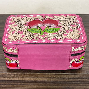 Étui à bijoux en cuir véritable rose gaufré style vintage à motif floral cerise, organisateur de voyage pour bagues et colliers – Meilleures ventes - Product Image 5