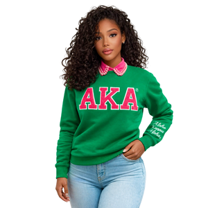 เสื้อสเวตเชิ้ตสีเขียว AKA Green Chenille สำหรับผู้หญิง ปักลายตัวอักษรกรีก คุณภาพพรีเมียม คอกลม - Product Image 1