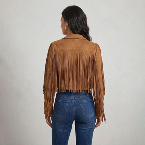 Women's Brown Fringed <b>Blazer</b> Turn-Down Collar Full Sleeve Short Length Autumn Wear - Product Image 5
