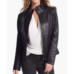 Chaqueta de piel de oveja y cuero PU ecológica personalizada OEM para mujer con diseño de patrón sólido, abrigo y prenda de moda con cremallera y diseño dividido - Product Image 2