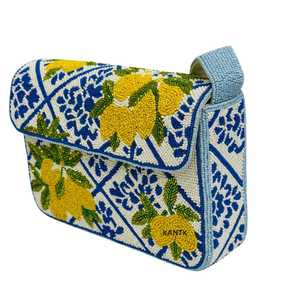 Sac à main pliable brodé de perles pour femme, motif citron bleu et blanc, style bohème, bandoulière unique, fermeture à rabat, usage quotidien, en lin - Product Image 2