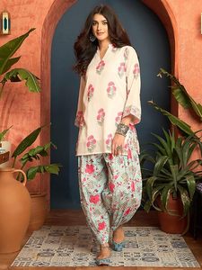 Women's Traditional Floral Woven <b>Linen</b> Summer Short Kurti with Farshi Bottom 2 <b>Piece</b> Set Knee Length - Product Image 3